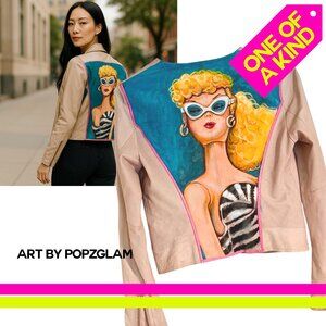 One of a kind Retro Barbie painted Tan Leather Moto Jacket with Cropped Design